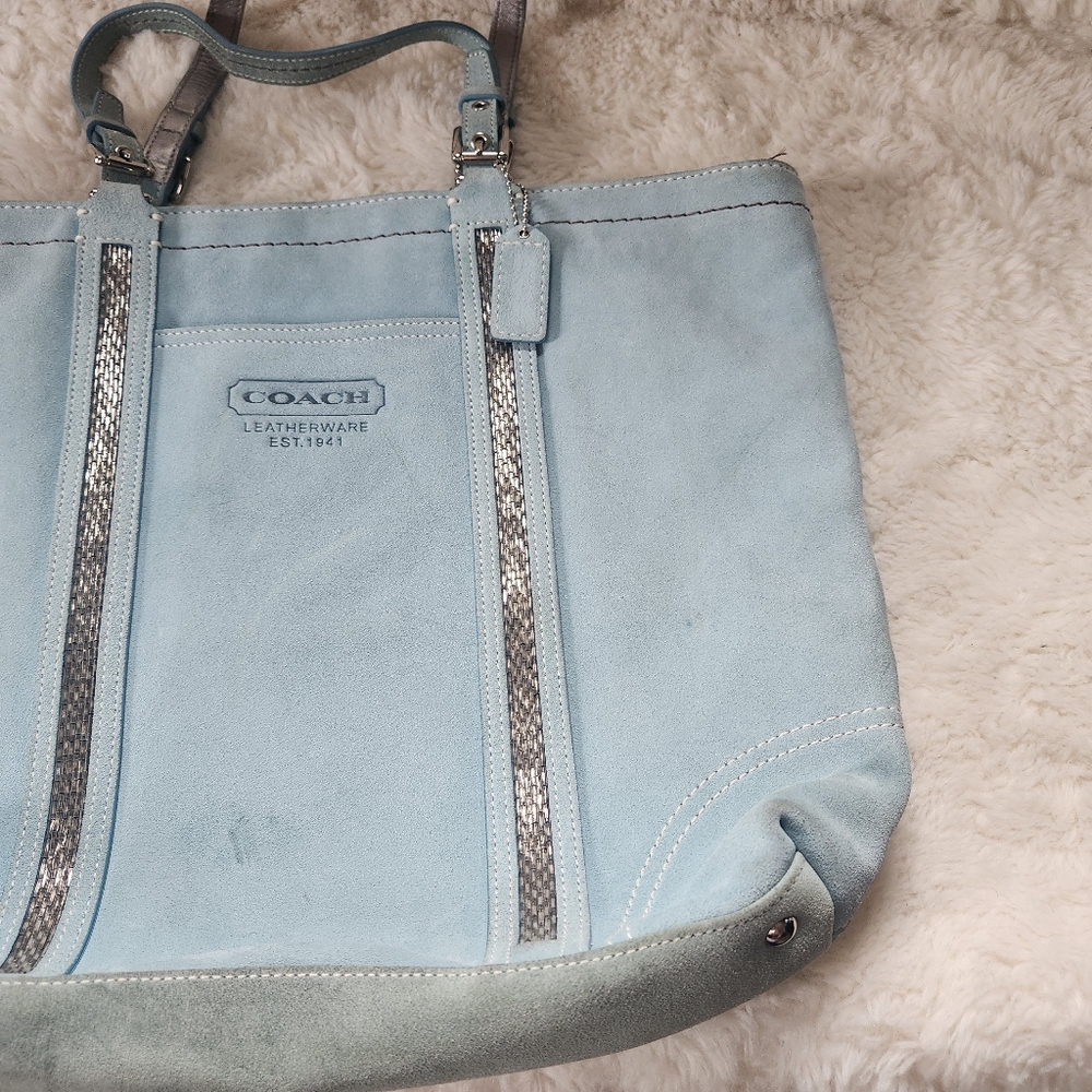 Vintage Coach Powder Blue Gallery Tote Soft Split Suede Metallic Beaded Trim Y2K - Picture 10 of 16